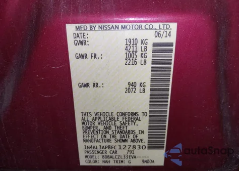 2015 Nissan Altima 2.5/2.5 S/2.5 Sl/2.5 Sv from USA, damaged, VIN 1N4AL3AP8FC127830